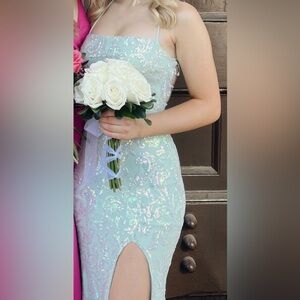 absolutely gorgeous mint green prom dress with slit and open back!!